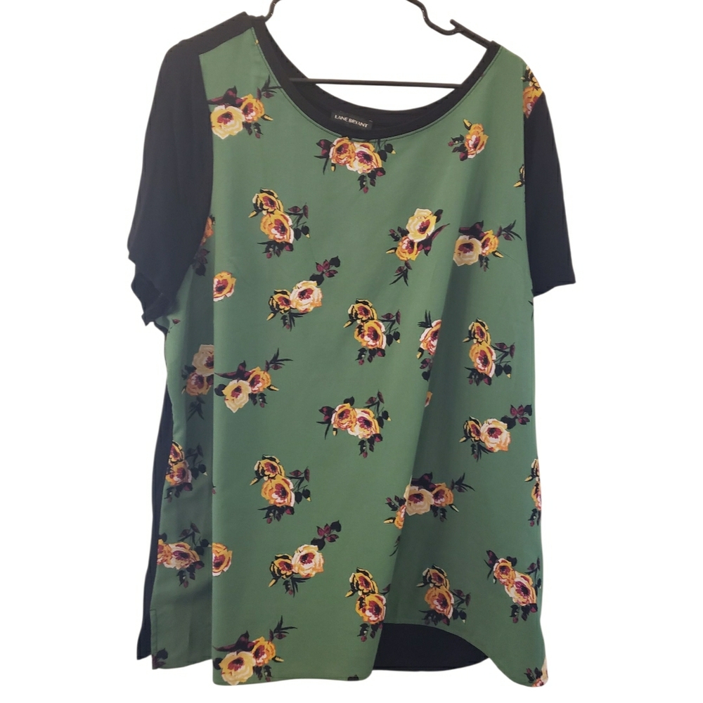 Lane Bryant Green Floral Blouse with Black Sleeves